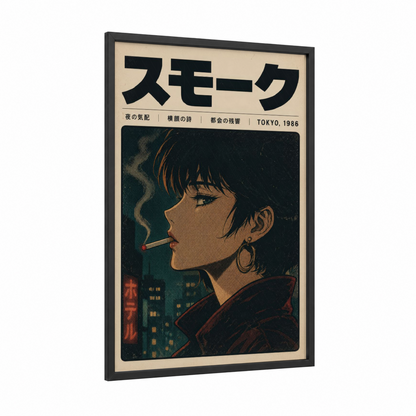 Tokyo 1986 Retro Anime Wall Art framed smoking print — black wood frame — teal and beige palette