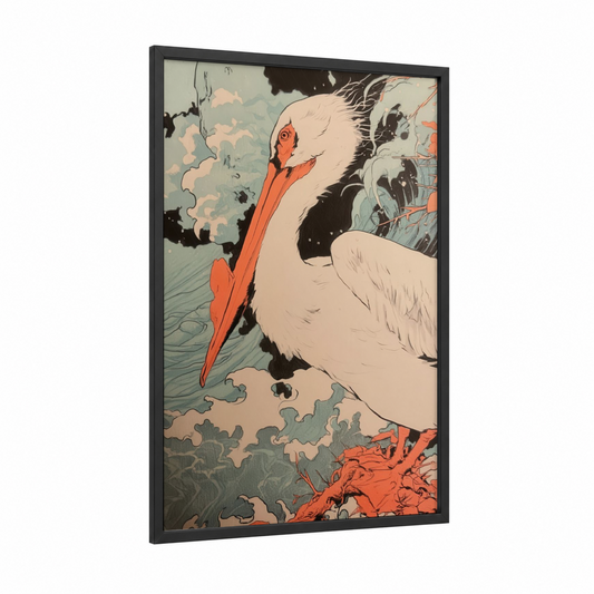 Crimson Pelican framed art print — black wood frame — red and blue and white palette