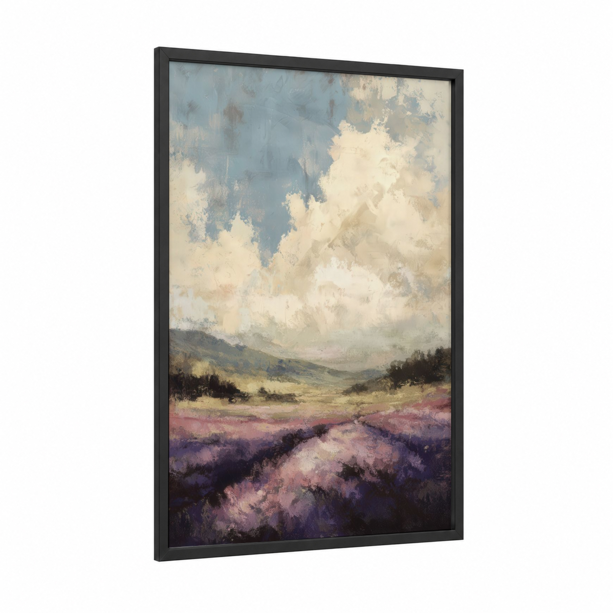 Lavender Valley Dream framed lavender field print — black wood frame — lavender and cream palette