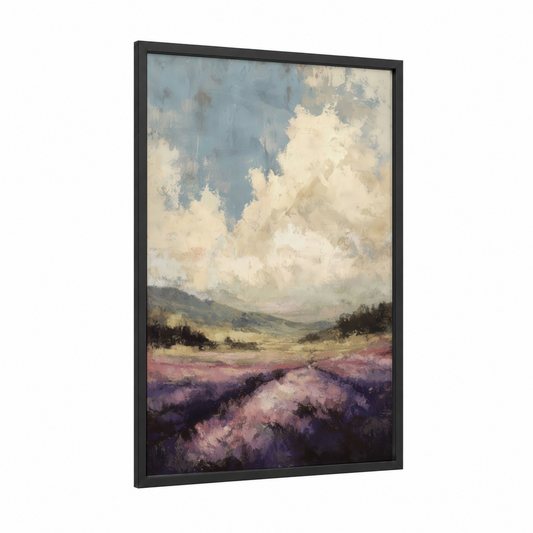 Lavender Valley Dream framed lavender field print — black wood frame — lavender and cream palette