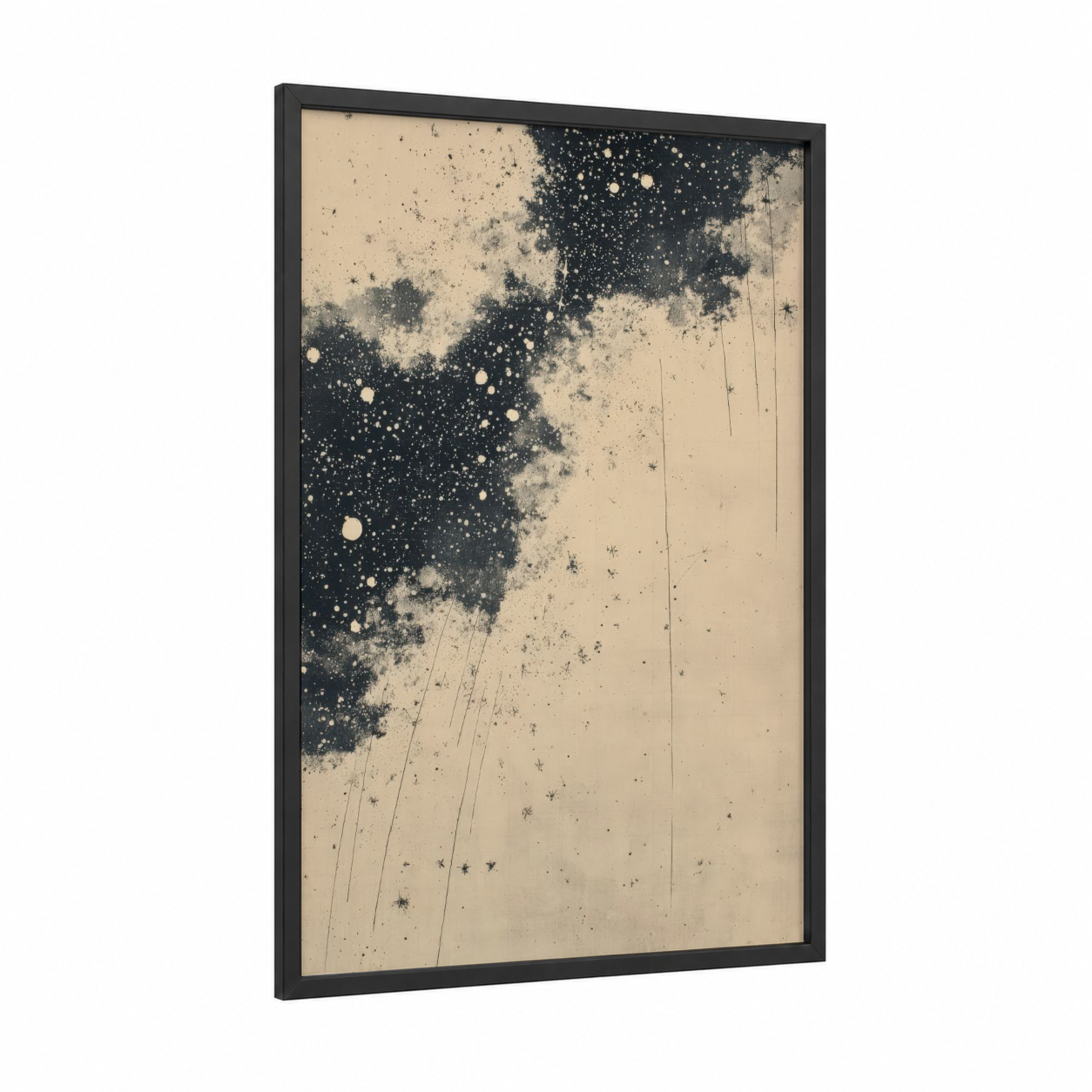 Cosmic Stardust framed space print — black wood frame — cream and black palette