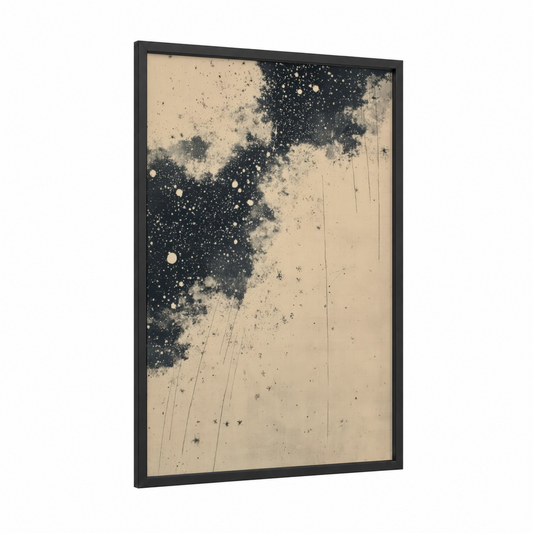 Cosmic Stardust framed space print — black wood frame — cream and black palette