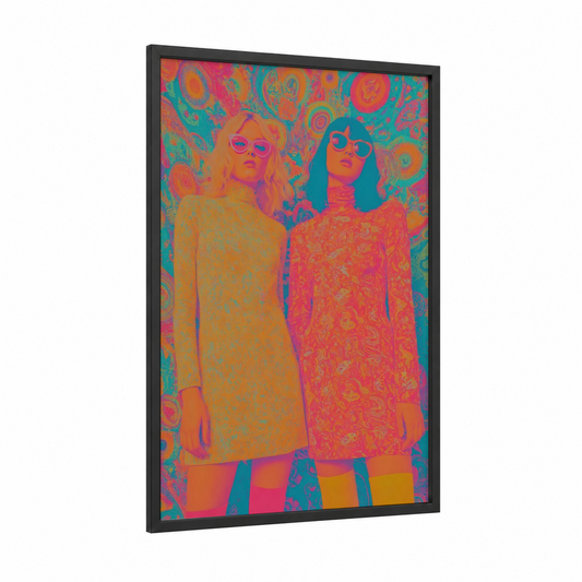 Groovy Fashion Duo framed retro fashion print — black wood frame — orange and magenta palette