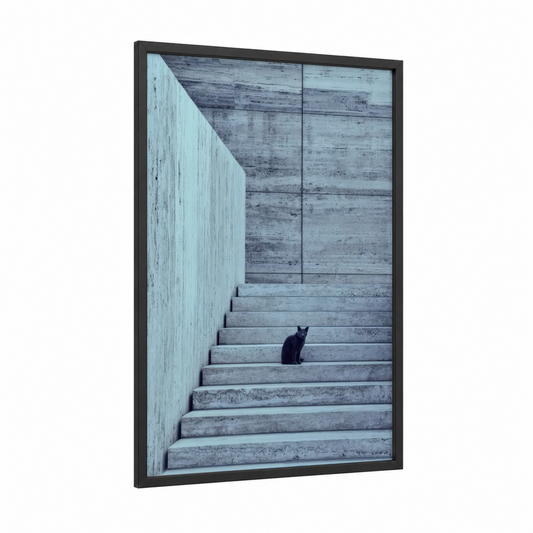 Solitary Black Cat framed art print — black wood frame — blue and gray and gray palette