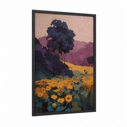 Golden Sunflower Field framed art print — black wood frame — gold and purple palette