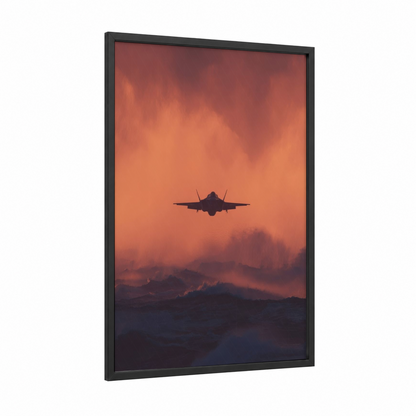 Sunset Fighter framed military plane print — black wood frame — orange and maroon palette