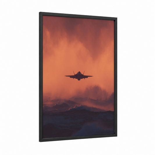 Sunset Fighter framed military plane print — black wood frame — orange and maroon palette