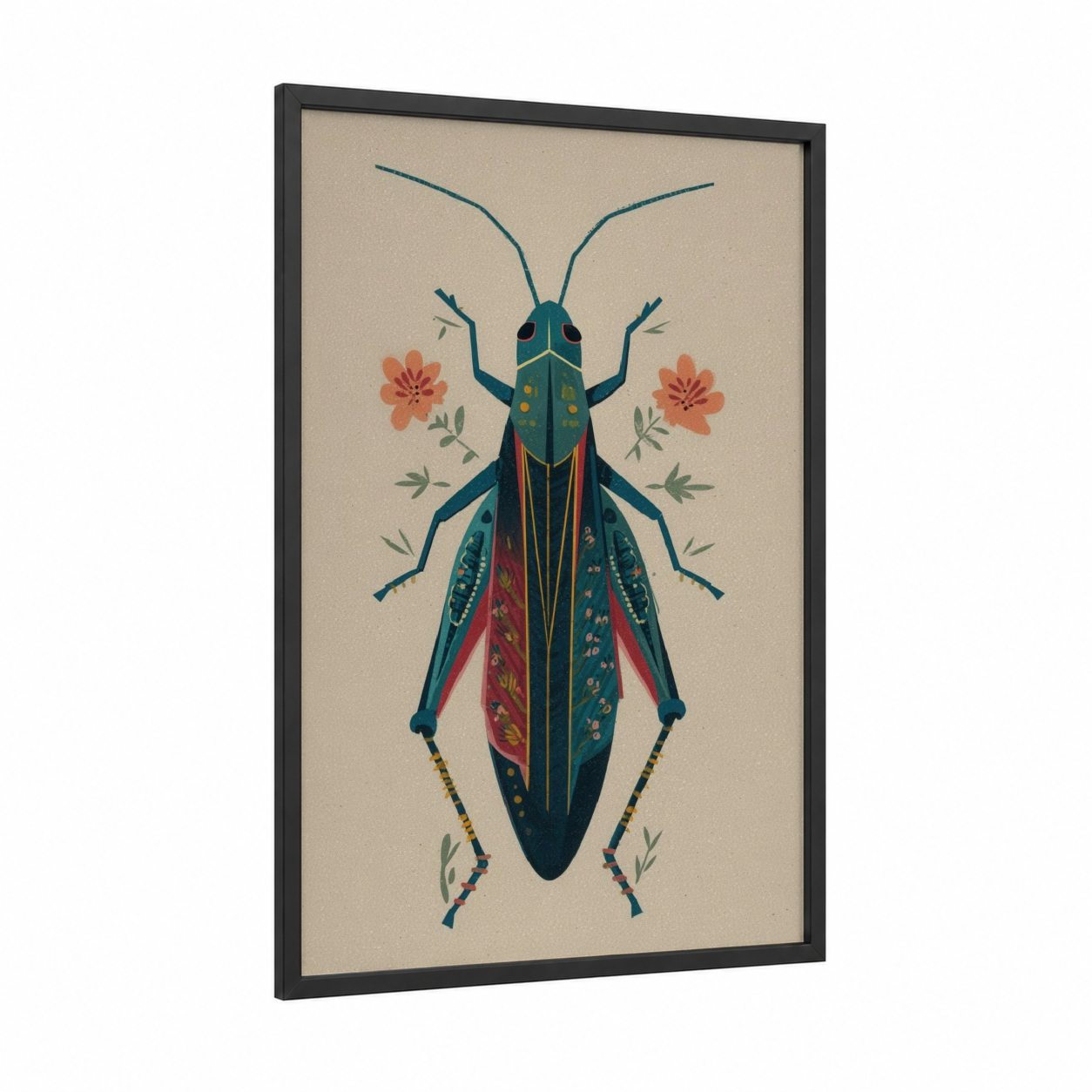 Ornate Grasshopper framed art print — black wood frame — teal and russet palette