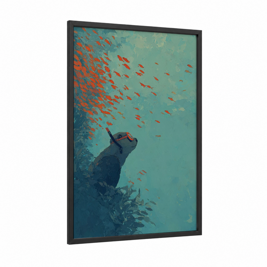 Snorkeling Beaver framed art print — black wood frame — teal and orange palette