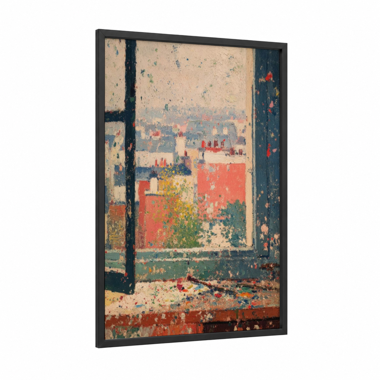 Weathered Window View framed art print — black wood frame — cream palette
