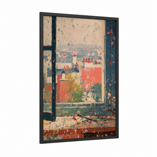 Weathered Window View framed art print — black wood frame — cream palette