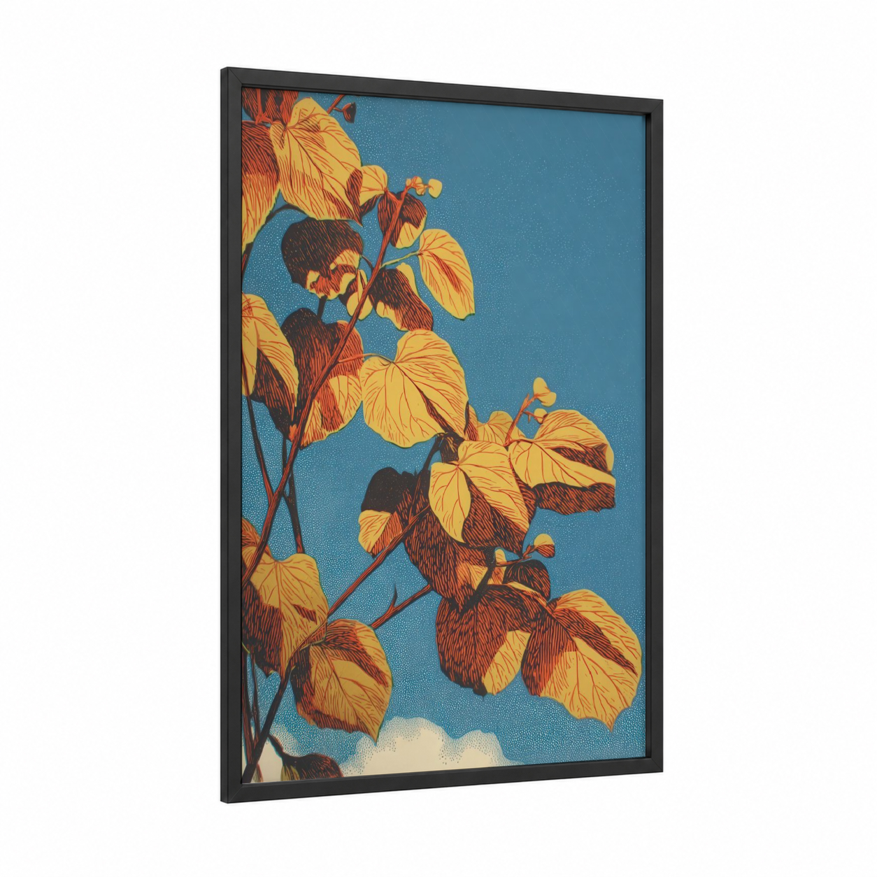 Golden Linden Branches framed linden tree print — black wood frame — gold and teal palette