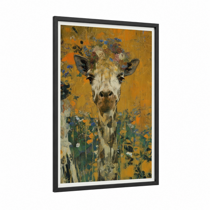 Golden Giraffe framed art print — black wood frame — gold and blue palette