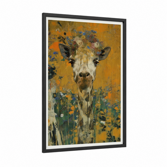 Golden Giraffe framed art print — black wood frame — gold and blue palette