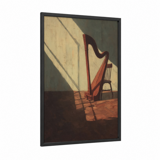 Sunlit Harp framed art print — black wood frame — cream and russet palette