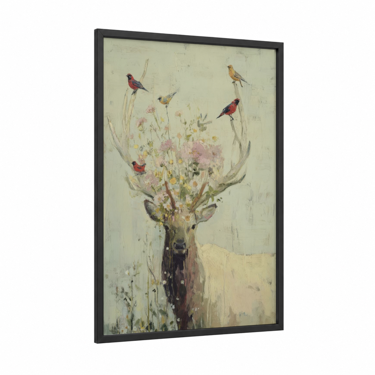 Flowered Elk framed art print — black wood frame — cream and light green palette