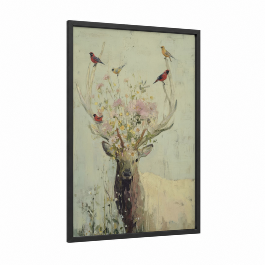 Flowered Elk framed art print — black wood frame — cream and light green palette