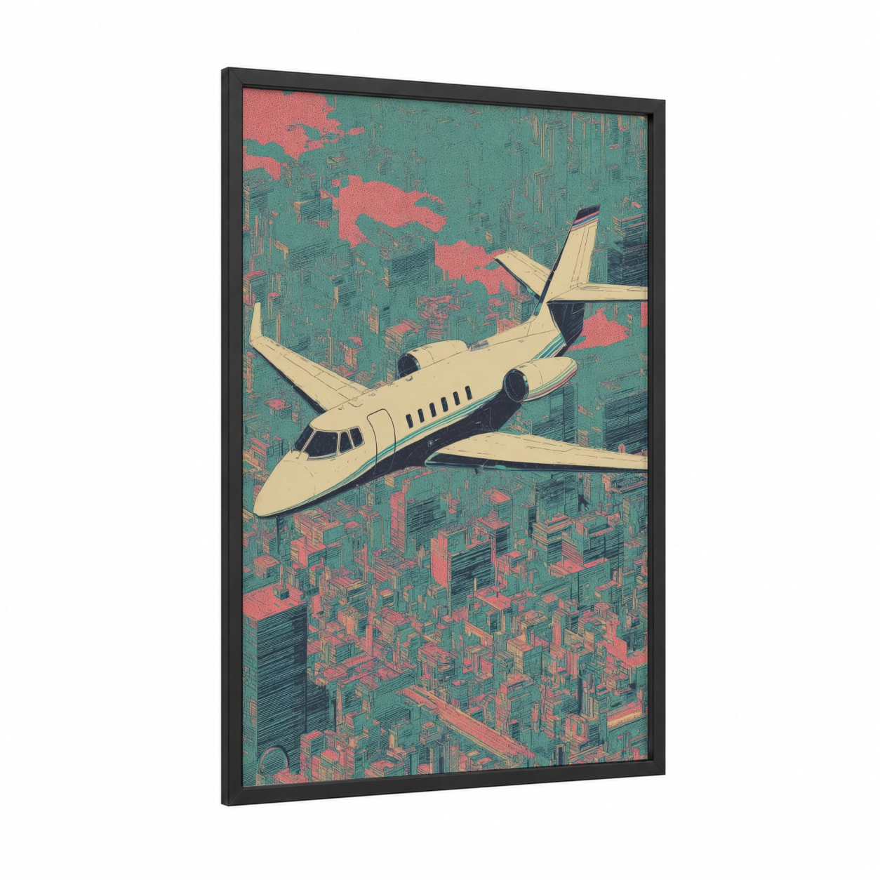Urban Jet framed private jet print — black wood frame — pink and teal palette