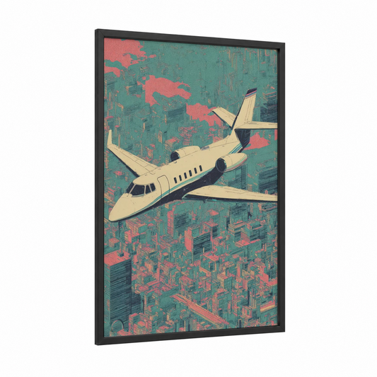 Urban Jet framed private jet print — black wood frame — pink and teal palette
