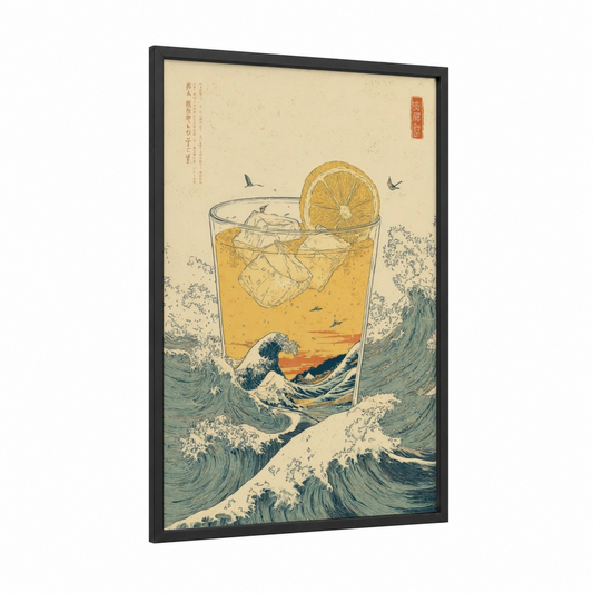 Great Wave Iced Tea framed art print — black wood frame — gold and teal palette