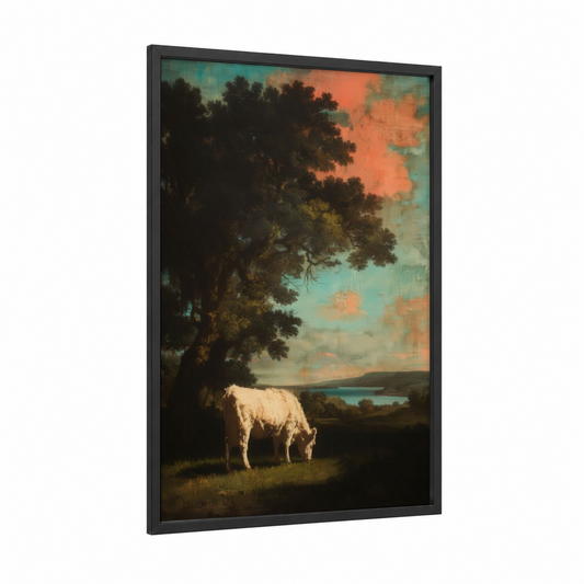 Pastoral Hereford framed hereford cow print — black wood frame — teal and gold palette
