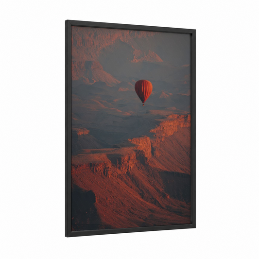 Canyon Dawn Balloon framed hot air baloon print — black wood frame — red and gold and white palette