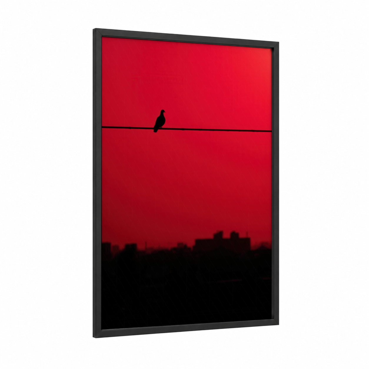 Urban Sentinel Pigeon framed art print — black wood frame — red and black palette