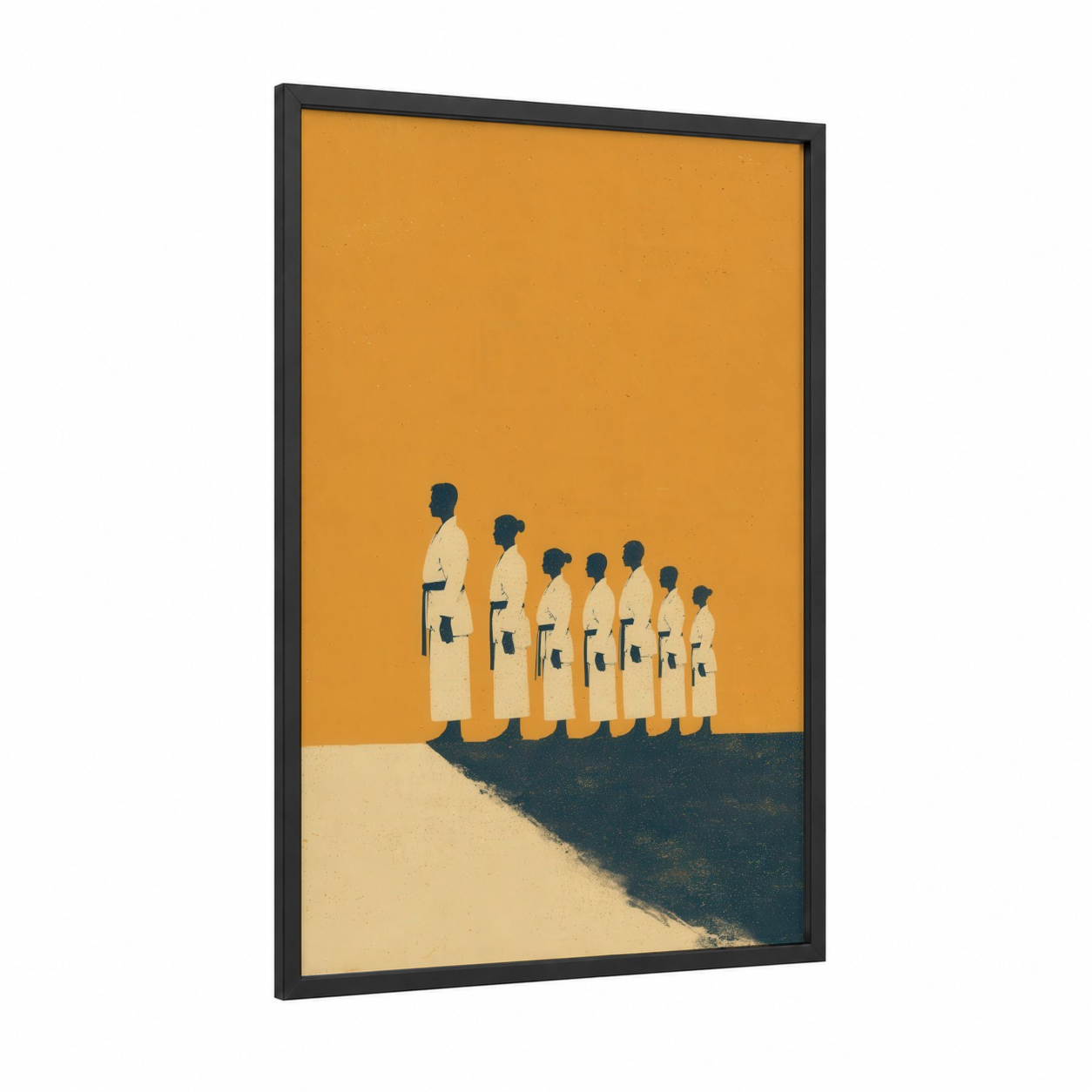 Martial Artists Unified framed jiu jutsu print — black wood frame — gold and dark blue palette
