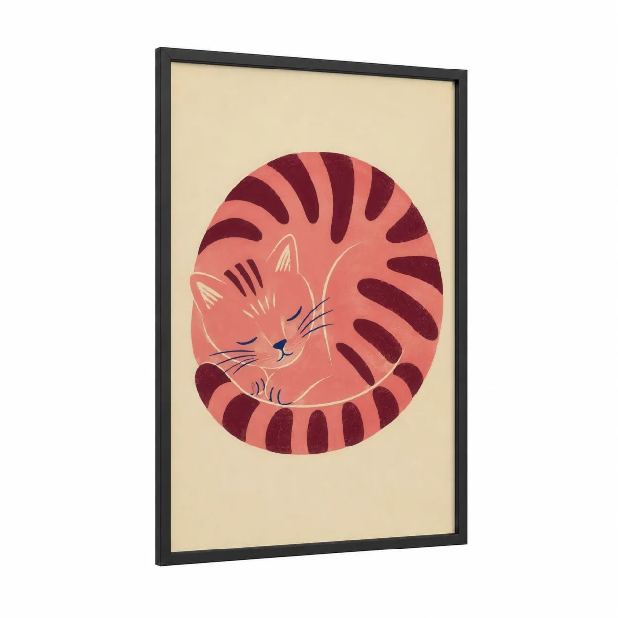 Curled Sleeping Cat Minimalist Wall Art framed art print — black wood frame — peach and maroon palette