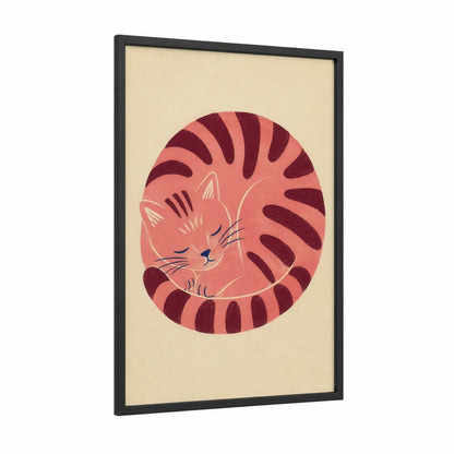 Curled Sleeping Cat Minimalist Wall Art framed art print — black wood frame — peach and maroon palette