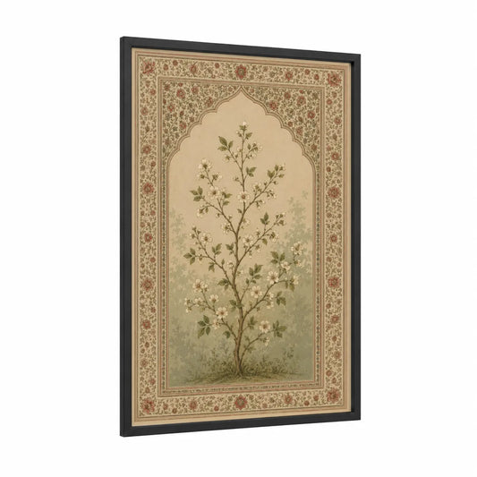 Persian Blossom Tree Wall Art framed flower print — black wood frame — beige and cream palette