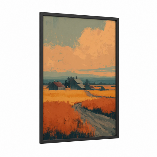 Golden Village Sunset framed art print — black wood frame — orange and gold palette
