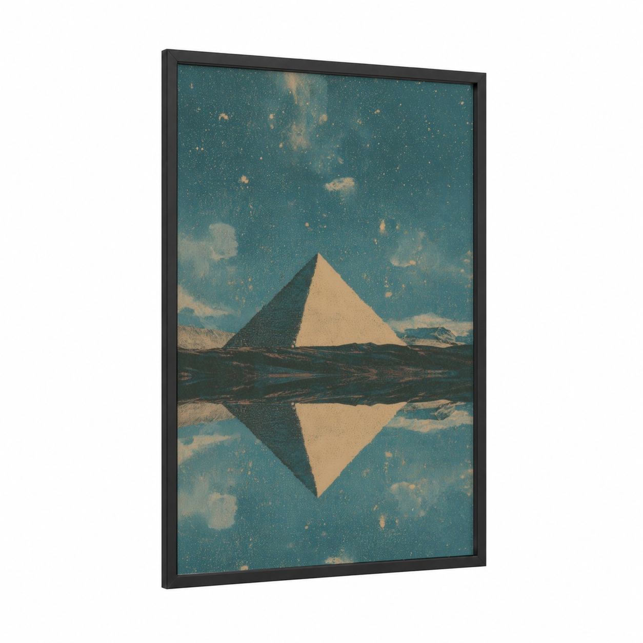 Mirrored Pyramid framed great pyramid of giza print — black wood frame — teal and cream palette