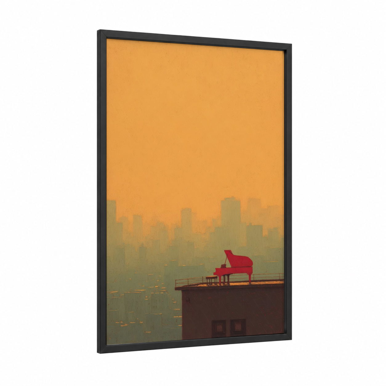 Rooftop Piano framed art print — black wood frame — gold and orange palette