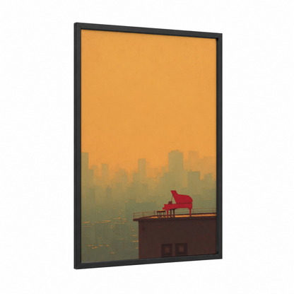 Rooftop Piano framed art print — black wood frame — gold and orange palette