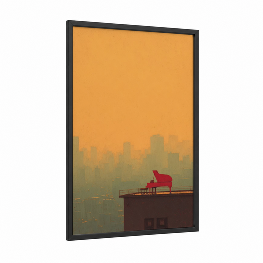 Rooftop Piano framed art print — black wood frame — gold and orange palette