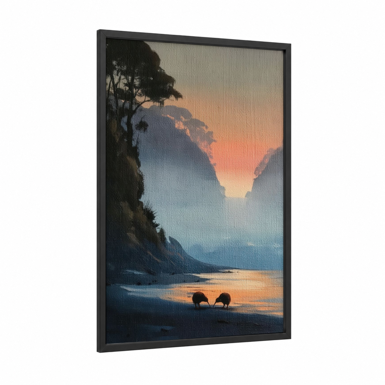 Twilight Kiwis framed art print — black wood frame — gold and blue and gold palette
