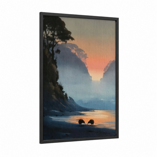 Twilight Kiwis framed art print — black wood frame — gold and blue and gold palette
