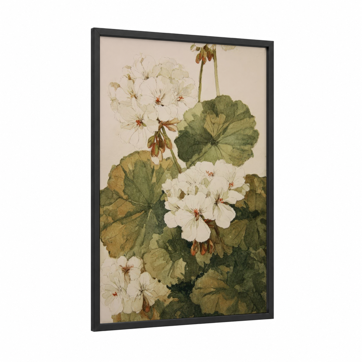 White Geranium Botanical framed art print — black wood frame — cream and sage green palette