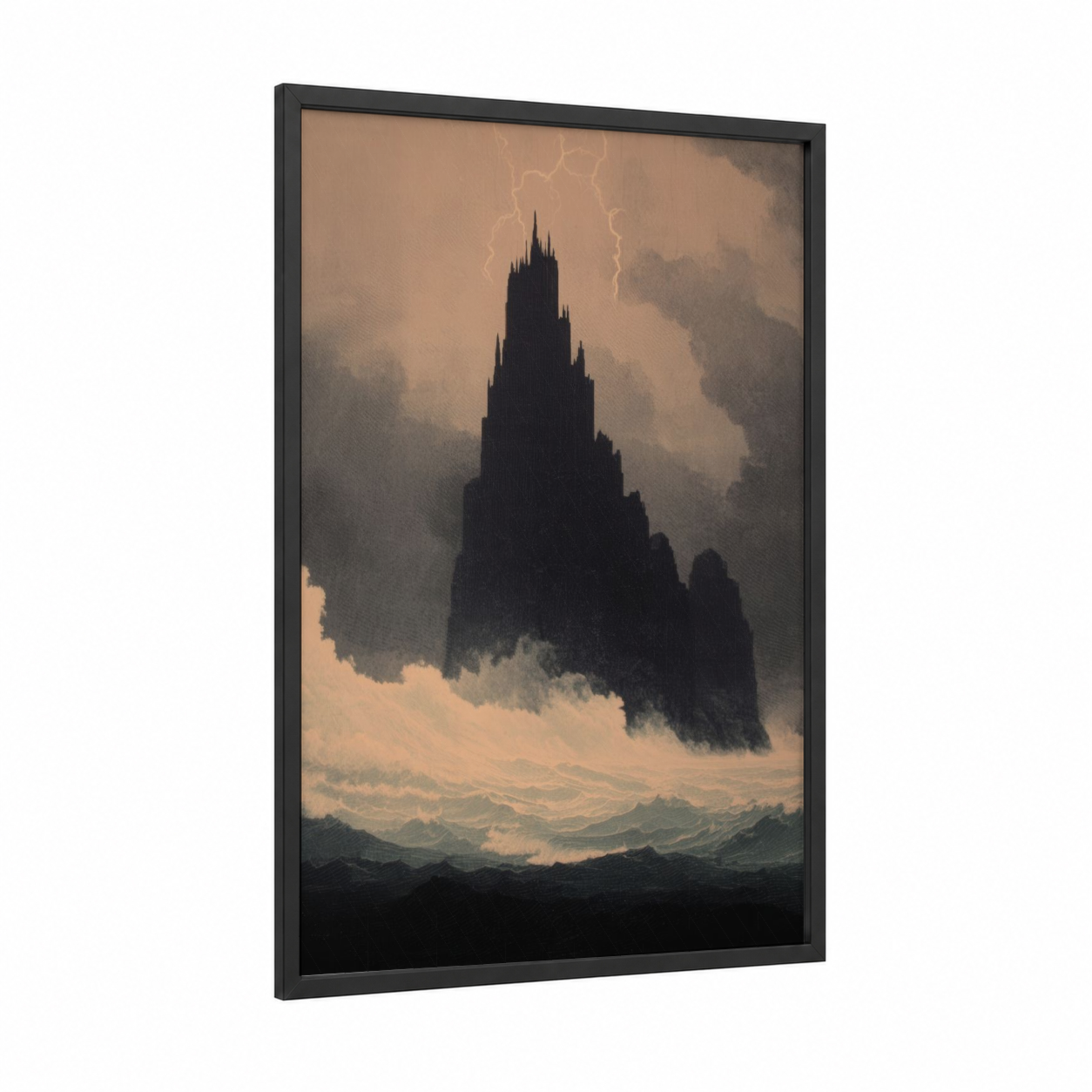 Stormy Fortress framed castle print — black wood frame — black and champagne gold palette