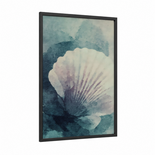 Teal Seashell framed art print — black wood frame — teal and cream palette