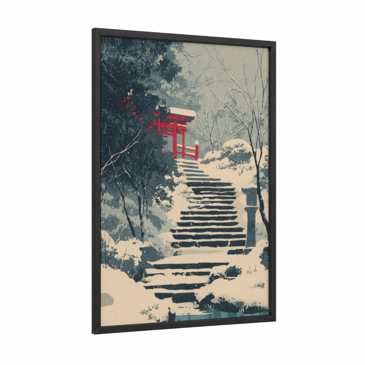 Crimson Torii Staircase framed art print — black wood frame — blue and white and cream palette