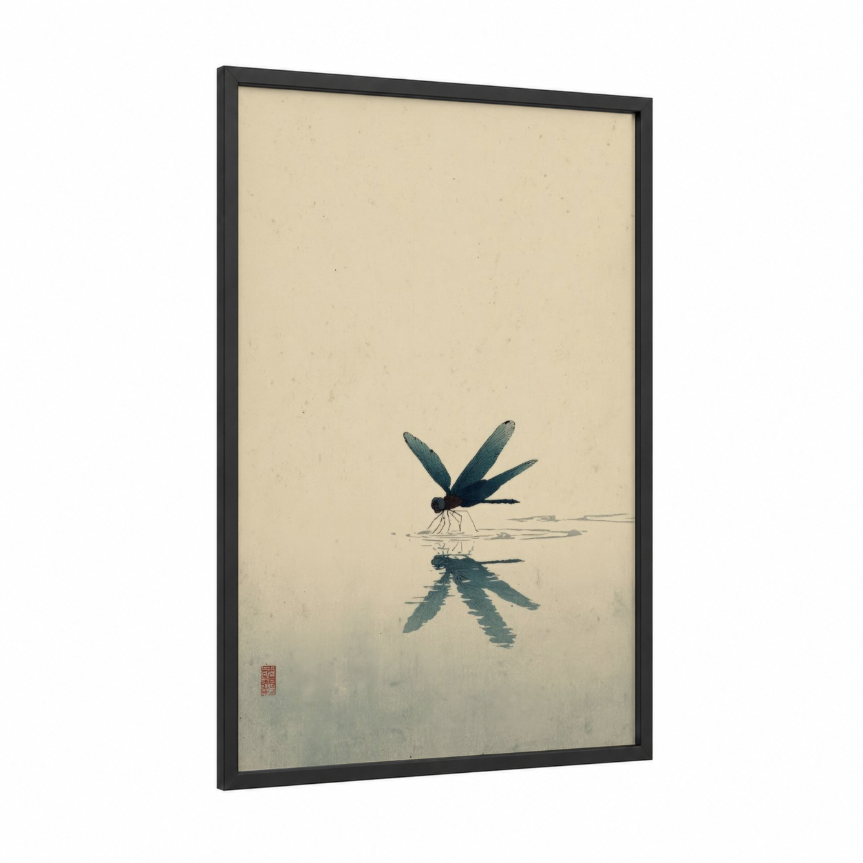 Dragonfly Reflection framed art print — black wood frame — sage green and cream palette