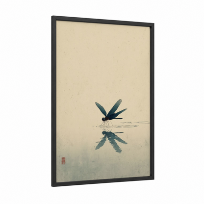 Dragonfly Reflection framed art print — black wood frame — sage green and cream palette