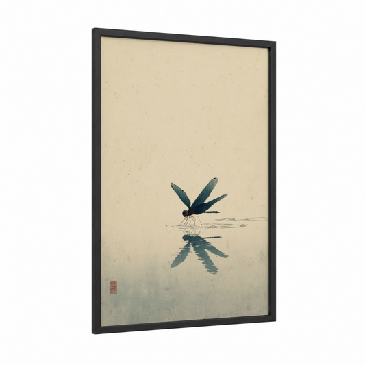 Dragonfly Reflection framed art print — black wood frame — sage green and cream palette