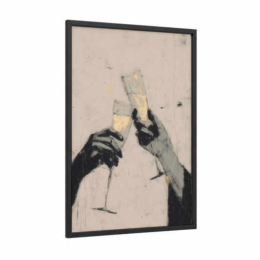 Champagne Toast framed new years eve print — black wood frame — cream and gold and white palette