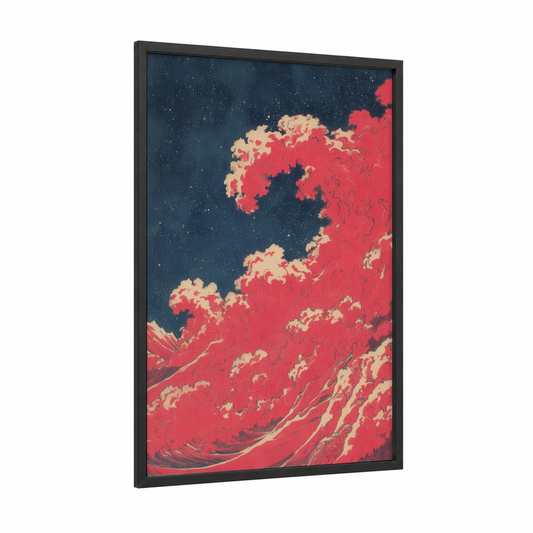 Crimson Supernova framed art print — black wood frame — red and dark blue palette