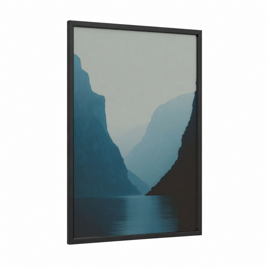 Misty Canyon framed art print — black wood frame — teal and gray palette