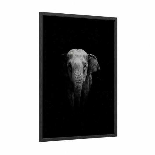 Solitary Elephant framed asian elephant print — black wood frame — black and white and gray palette