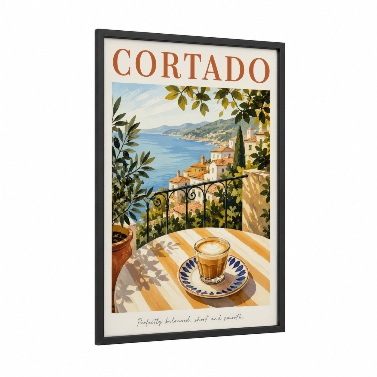 Mediterranean Coastal Cafe Coffee Wall Art framed art print — black wood frame — blue and beige palette